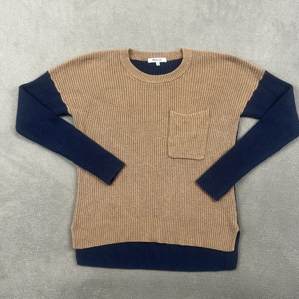 Madewell Sweater Womens XS Colorblock Shaker Stitch Cotton Blend Navy Tan Pocket